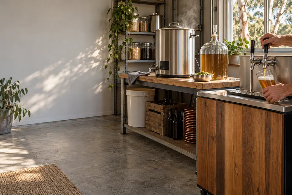 Home brewery corner with a brew kettle, a glass carboy of beer and a kegerator tap pouring a pint