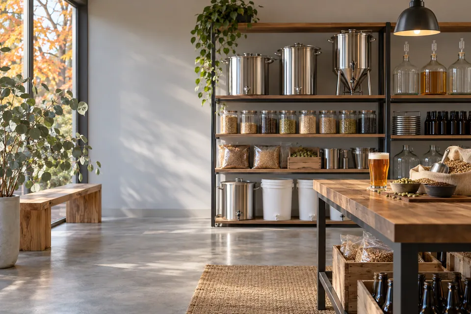 Illustrative photo of a bright homebrew shop with shelves of kettles and fermenters and a timber counter