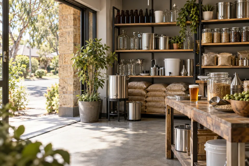 Illustrative photo of a homebrew shop interior with shelves of malt sacks, jars and kettles by an open doorway