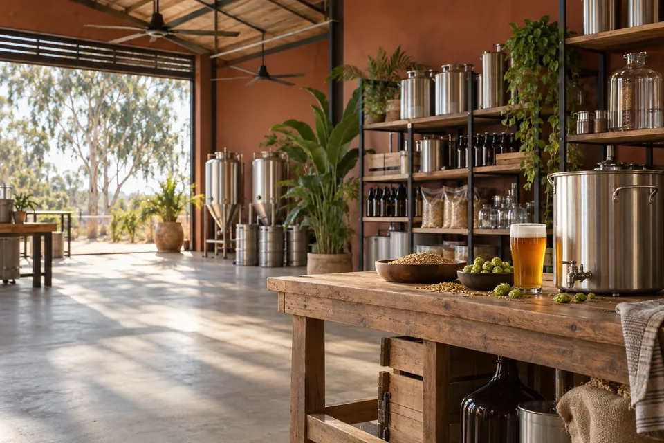 Illustrative photo of an open-air homebrew shop with a terracotta wall, conical fermenters and a timber bench
