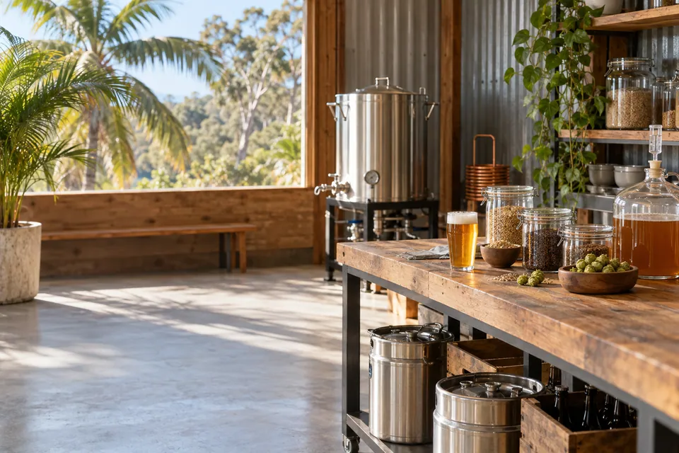 Illustrative photo of an open-sided homebrew shop with a timber counter of hops and grain and palms outside