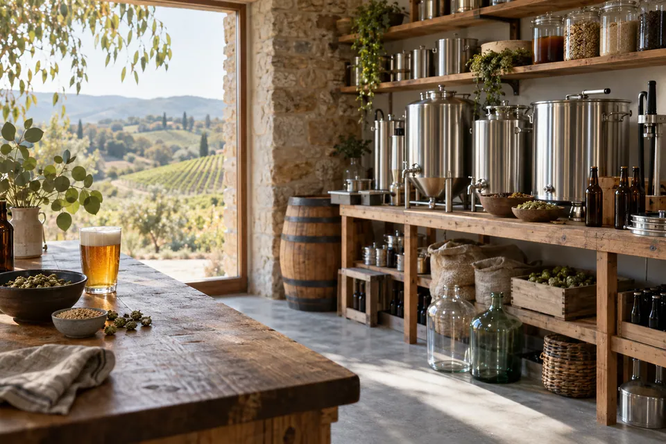 Illustrative photo of a stone-walled homebrew shop with kettles and a barrel, looking out over vineyards