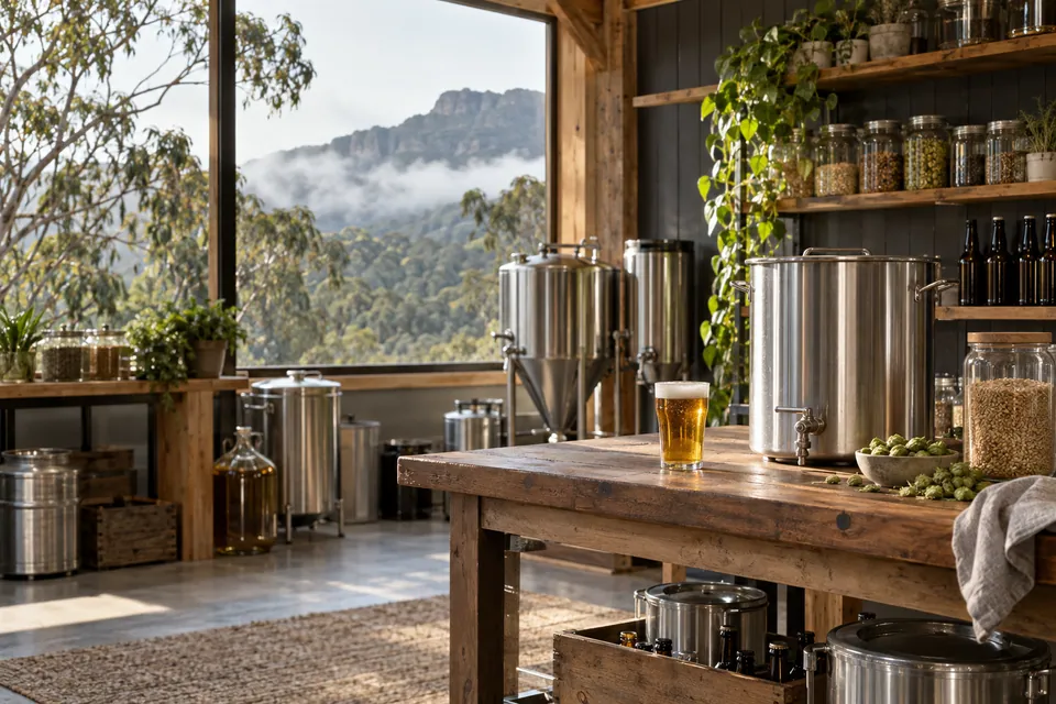 Illustrative photo of a homebrew shop with stainless fermenters and grain jars, a misty mountain outside the window