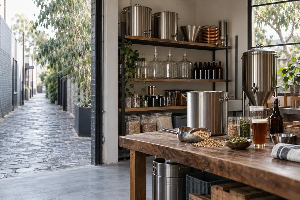 Illustrative photo of a homebrew shop beside a bluestone laneway, with shelves of fermenters, bottles and grain