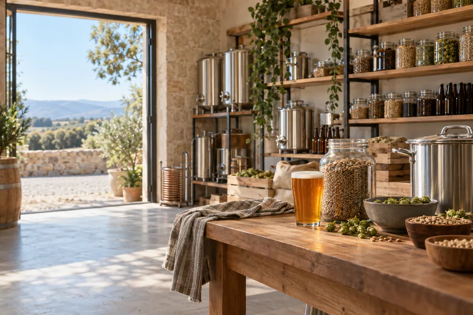 Illustrative photo of a homebrew shop counter with grain jars and a kettle, the doorway open to rolling hills
